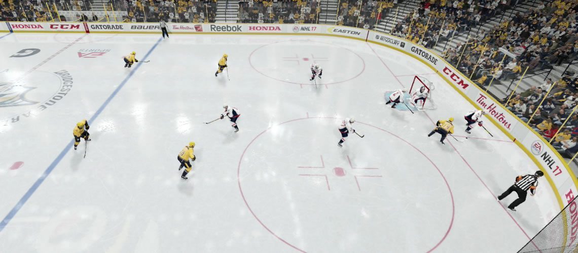image depicting a 1-2-2 passive forecheck in NHL 19. 1 player deep, 2 mid, and 2 high