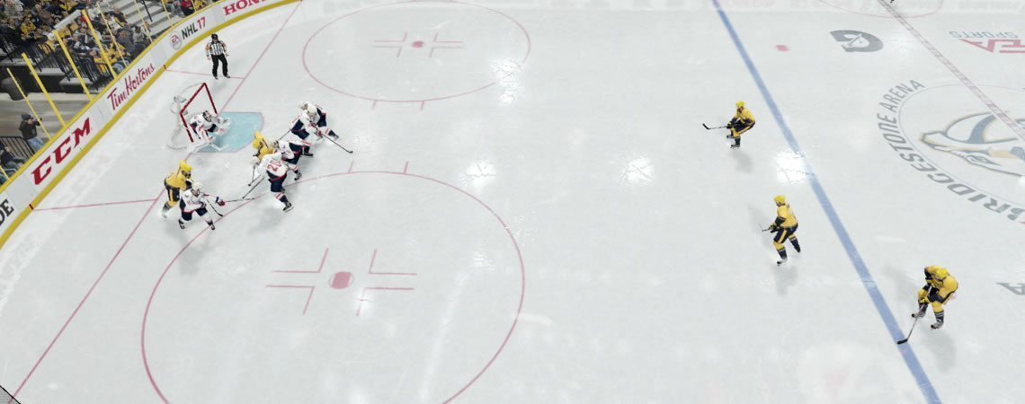Image showing a 2-3 Forecheck in NHL 19. 2 players in deep and 3 up high