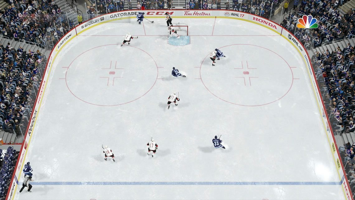Overhead camera view in NHL 17 from the offensive zone