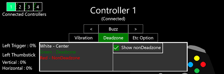 Xbox Controller app analog stick and deadzone tests