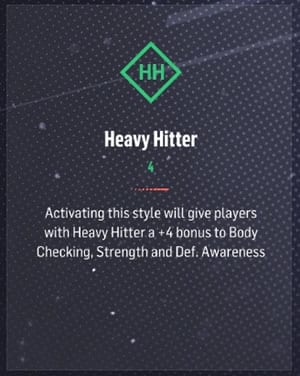Heavy Hitter Synergy gives +4 to Body Checking, Strength, and Defensive Awareness.
